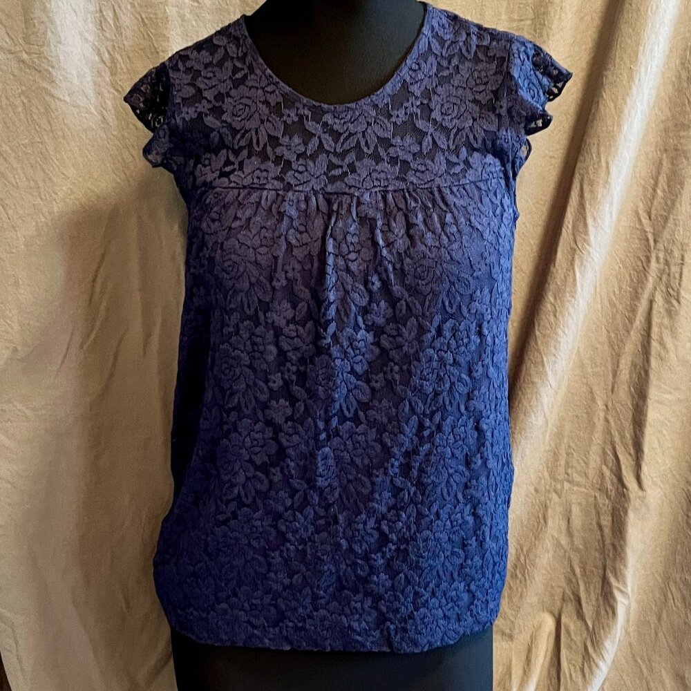 Navy Blue Floral Lace Blouse Cap Sleeve Top Size Medium